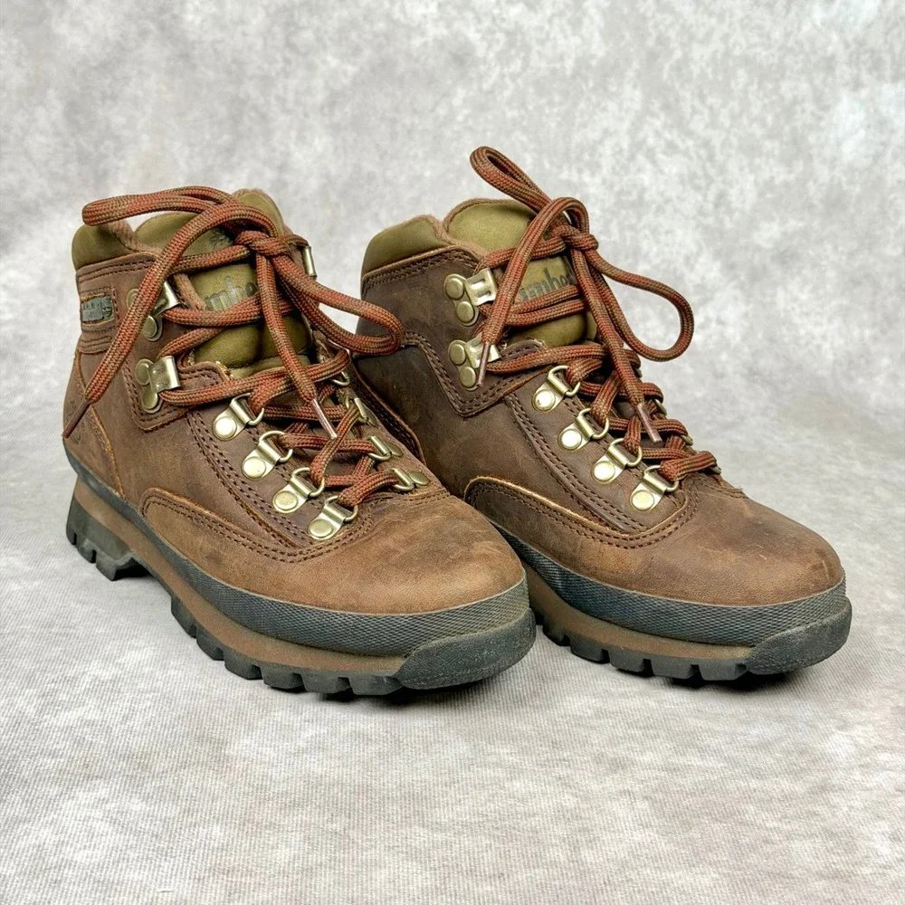 Timberland Euro Hiker Brown Leather Olive Green Boots Size 5M Women's Kids